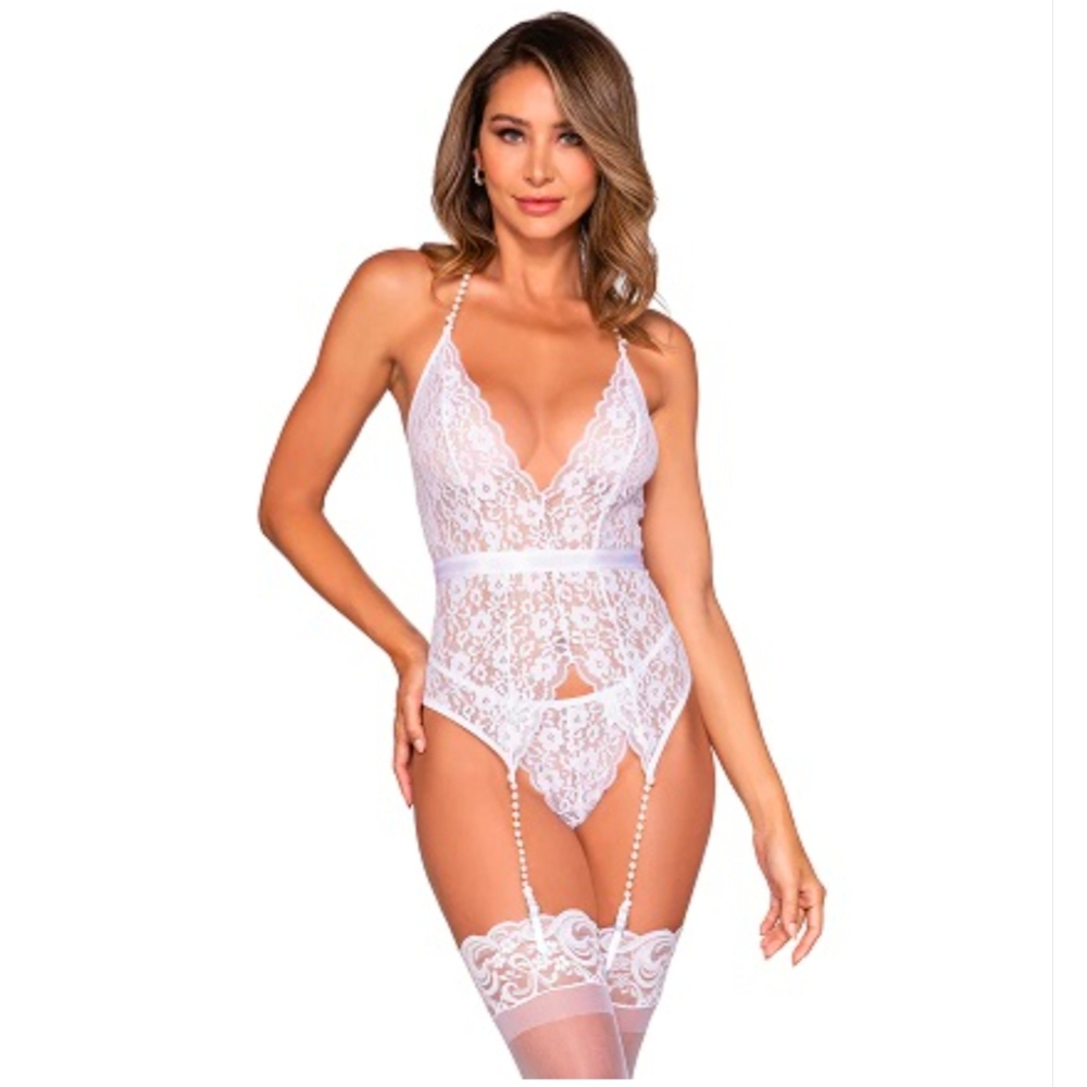 Dreamgirl white lace teddy pearl trim w/garters & matching thong OS